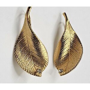 Vintage Fashion Golden Leaves Hook Earrings Cz Crystal 1.25in